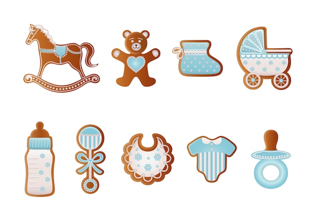 Gingerbreads De Baby Shower Biscuits Bleus Pour Bebe Garcon Cheval A Bascule Ours Chaussure Bebe Landau Biberon Tetine Robe Hochet Et Biberons En Pain D Epice Vecteur Premium