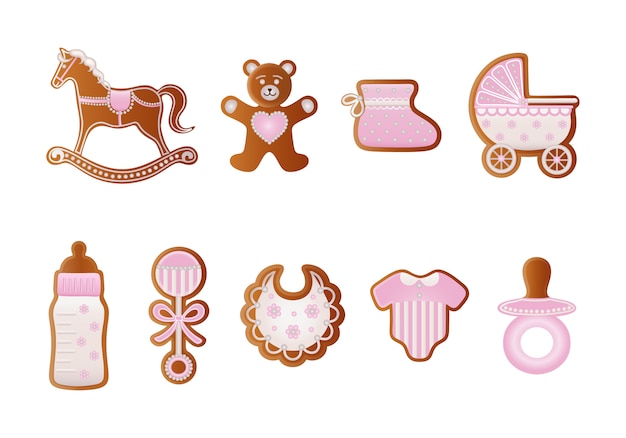 Gingerbreads De Baby Shower Biscuits Roses Pour Bebe Fille Cheval A Bascule Ours Chaussure Bebe Landau Biberon Tetine Robe Hochet Et Biberons En Pain D Epice Vecteur Premium