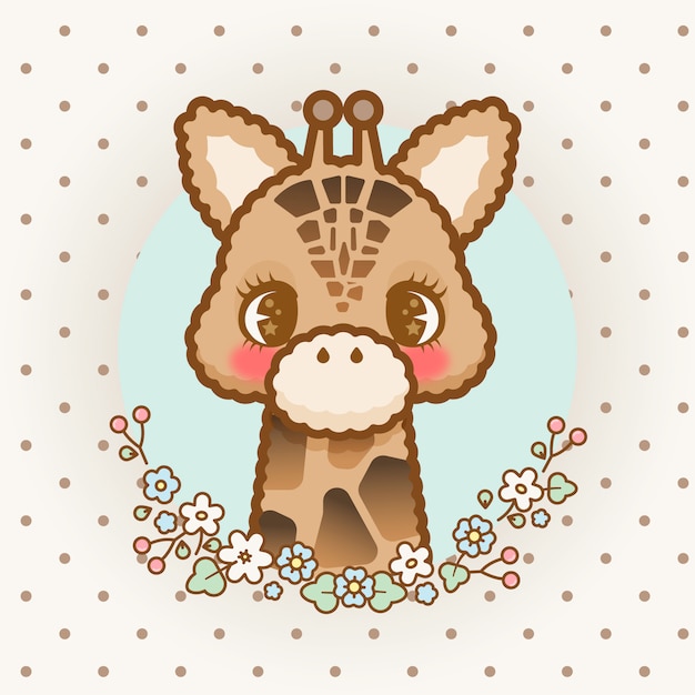 Girafe Kawaii Mignonne Avec Des Fleurs Vecteur Premium