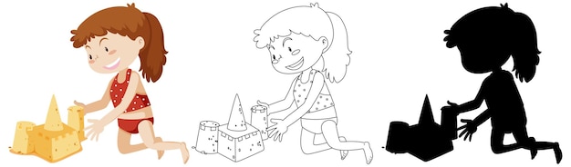 Girl Building Chateau De Sable En Couleur Et En Contour Et Silhouette Vecteur Gratuite