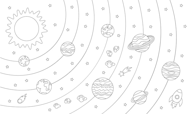 Grand Coloriage Avec Les Planetes Du Systeme Solaire Et De L Etoile Image En Noir Et Blanc Vecteur Premium