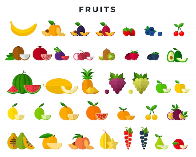 Grand ensemble de fruits et de baies, entiers et en tranches. collection d'icônes de fruits. illustration vectorielle dans un style plat Vecteur Premium