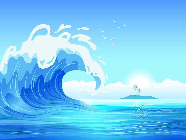 Grande Vague De L Ocean Avec Illustration Plate De L Ile Tropicale Vecteur Premium