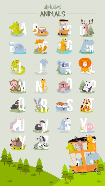 Graphique de l'alphabet animal de a à z. alphabet de vecteur mignon zoo avec des animaux dans un style bande dessinée. Vecteur Premium