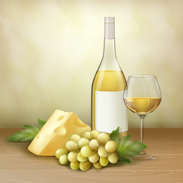 Grappe De Vecteur De Raisin Blanc Bouteille Et Verre De Vin Avec Du