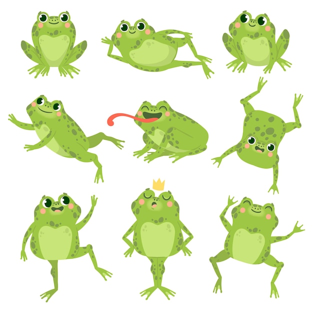 Grenouilles Mignonnes Grenouilles Vertes Droles Dans Diverses Poses Groupe D Animaux Heureux Crapauds Actifs Souriants Personnages Vectoriels De Dessins Animes De Zoo Carnivores Dessin Anime Amphibien Heureux Illustration De Crapaud Princesse