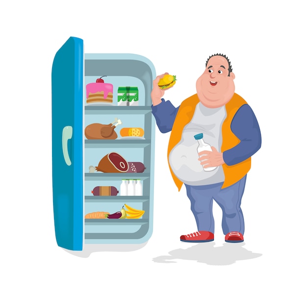 Le gros homme mange un hamburger dans un réfrigérateur ouvert dans lequel se trouvent de nombreux aliments nocifs Vecteur Premium