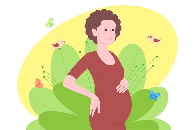 Grossesse Concept De Maternite Enceinte Et Heureuse Belle Jeune Femme Tient Son Ventre Avec Un Bebe Dans L Uterus Illustration Vectorielle De Dessin Anime Plat D Une Femme Attendant La Naissance D Un Enfant