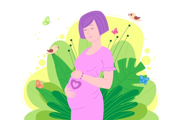 Grossesse Concept De Maternite Enceinte Et Heureuse Belle Jeune Femme Tient Son Ventre Qui Represente Un Cœur Comme Symbole D Un Bebe Dans L Uterus Illustration Vectorielle De Dessin Anime Plat Vecteur Premium