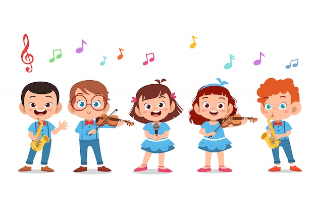 Groupe De Dessin Anime D Enfants Chantant Dans La Chorale De L Ecole Vecteur Premium