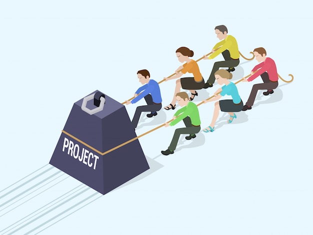 Groupe d'employés de bureau poussant le poids géant avec l'inscription du projet Vecteur Premium