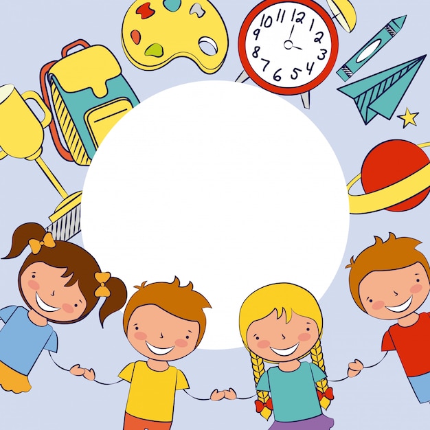 Groupe d'enfants heureux, retour à l'école, illustration modifiable Vecteur gratuit