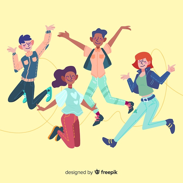 Groupe de jeunes sautant Vecteur gratuit