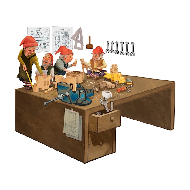 Groupe de lutins travaillant dans un atelier du père noël Vecteur gratuit