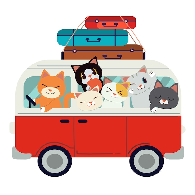 Le groupe de personnages chat mignon conduisant une fourgonnette rouge pour partir en voyage. Vecteur Premium