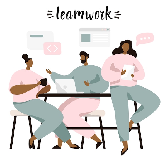 Groupe de personnes assises à la table pour discuter d'idées, échanger des informations, résoudre des problèmes. remue-méninges ou travail d'équipe. Vecteur Premium