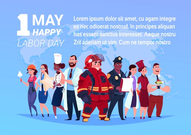 Groupe de personnes de différentes professions se tenant debout sur la carte du monde fond heureux 1 mai fête du travail Vecteur Premium