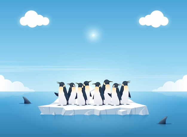 Groupe de pingouins sur un morceau d'iceberg Vecteur Premium