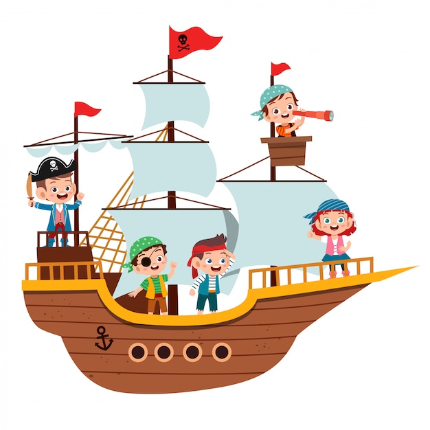 Groupe de pirates de bandes dessinées sur un navire à la mer Vecteur Premium