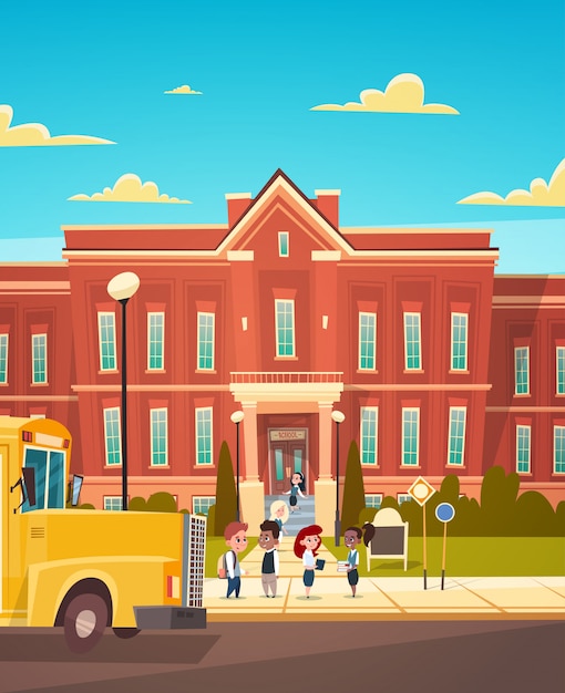 Groupe de pupille mêlée, debout, devant, école, bâtiment, école primaire Vecteur Premium