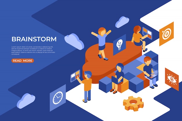 Groupe de travail isométrique et infographie de brainstorming Vecteur Premium