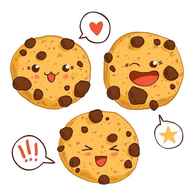 Groupe de trois jolis biscuits kawaii avec des chips au chocolat. Vecteur Premium
