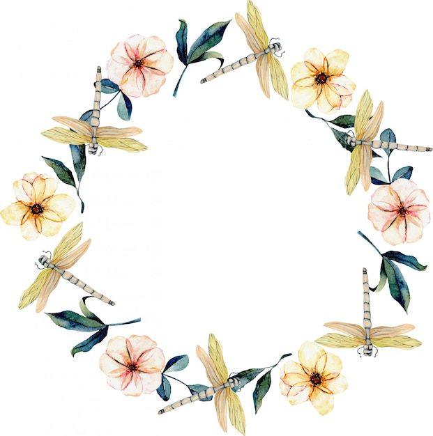 Guirlande de libellules tendres à l'aquarelle, fleurs roses Vecteur Premium