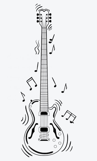 La Guitare Electrique Fait Un Son Guitare Noir Et Blanc Avec Des Notes Instrument De Musique Vecteur Premium