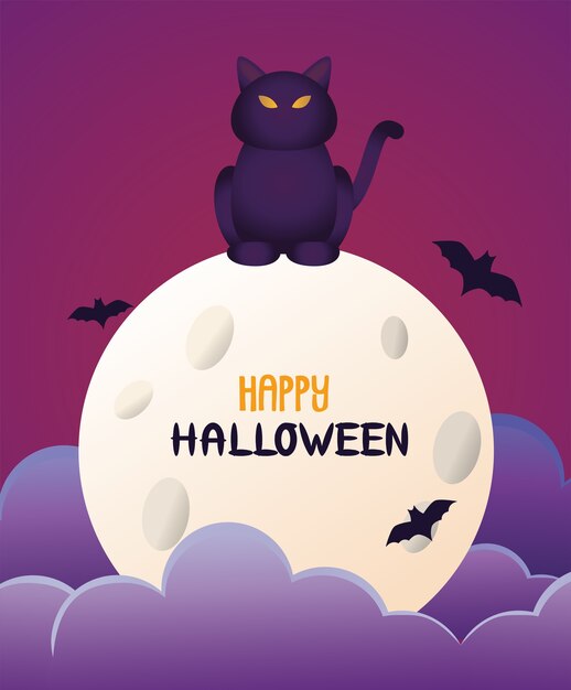 Halloween Chat Noir Et Lettrage Dans La Lune Et Les Chauves Souris Vecteur Premium