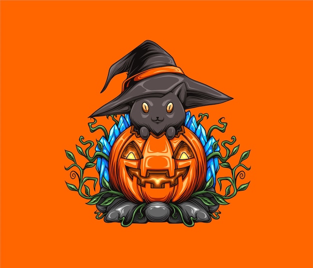 Halloween Illustration Citrouille Et Chat Portant Un Chapeau De Sorciere Vecteur Premium