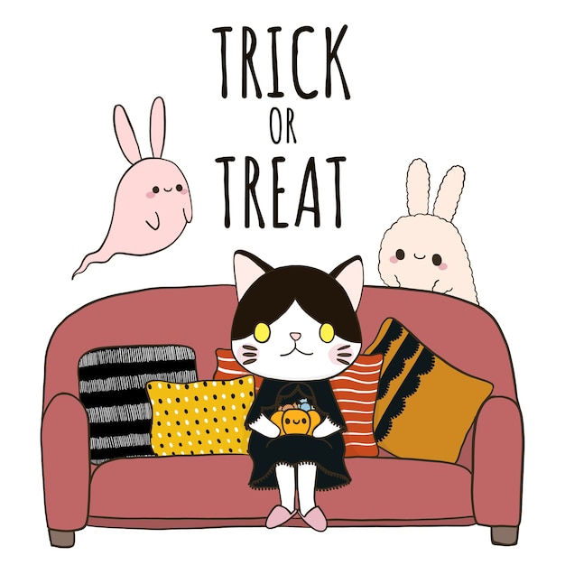 Halloween Trick Ou Traiter Avec Un Chat Assis Sur Un Canape Vecteur Premium