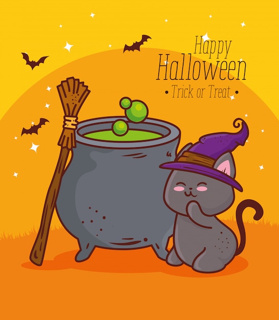 Happy Halloween Chat Mignon Avec Chaudron Et Chapeau Sorciere Vector Illustration Design Vecteur Premium