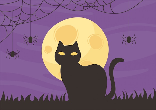 Happy Halloween Chat Noir Nuit Lune Chauve Souris Astuce Ou Traiter Illustration Vectorielle De Fete Celebration Vecteur Premium