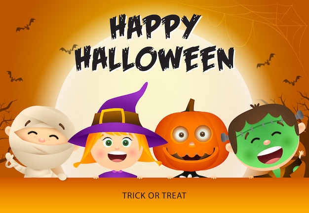 Vecteur Gratuite | Happy Halloween Avec Des Enfants En Zombie