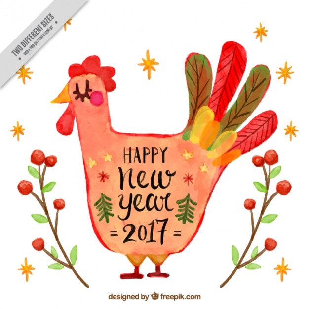 Happy new year background avec poule d'aquarelle Vecteur Premium