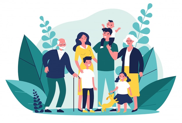 Heureuse Grande Famille Debout  Ensemble Illustration  