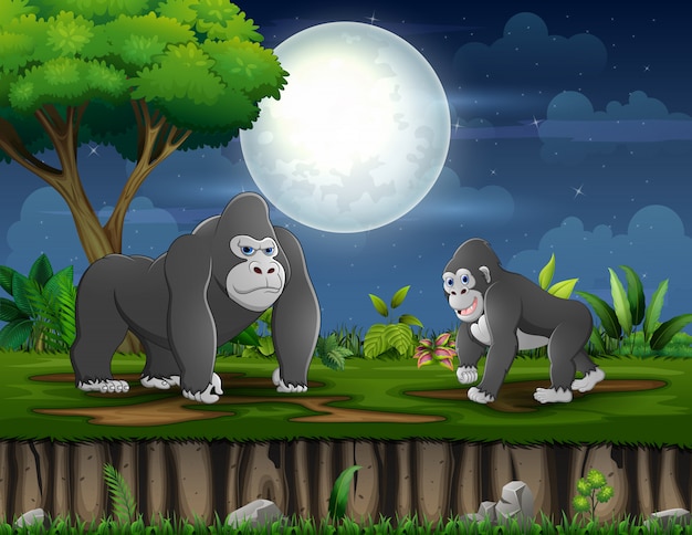 Heureuse Mere De Gorille Avec Son Bebe Jouant Sous La Pleine Lune Vecteur Premium
