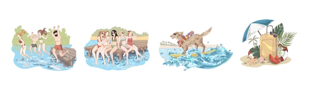 Heureux amis en vacances, les gens sautent dans l'eau, les femmes sont assises sur la jetée, chien dans des lunettes de soleil sur la planche de surf, ensemble d'été Vecteur Premium