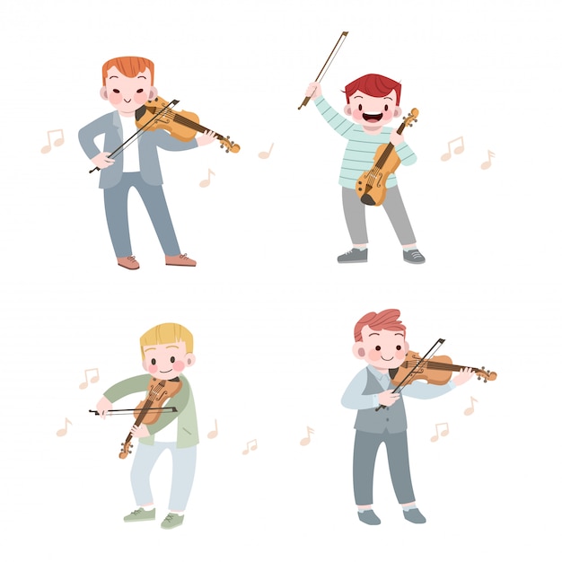 Heureux enfant mignon jouer ensemble d'illustration vectorielle musique violon Vecteur Premium