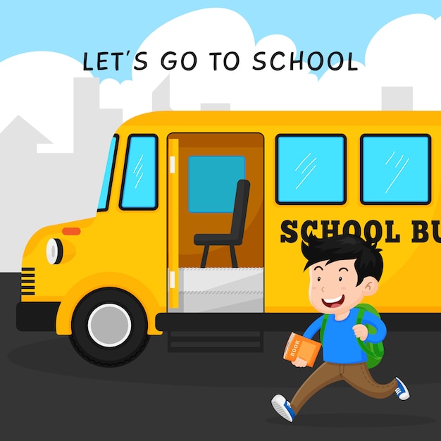 Heureux étudiant aller à l'école avec la conception d'autobus vector illustration Vecteur Premium
