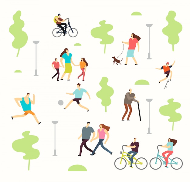 Heureux gens actifs dans différents modes de vie dans le parc du printemps avec des arbres. homme et femme marchant en plein air Vecteur Premium