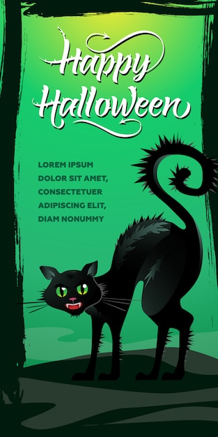 Heureux Lettrage D Halloween Sifflement Chat Noir Sur Fond Vert Vecteur Gratuite