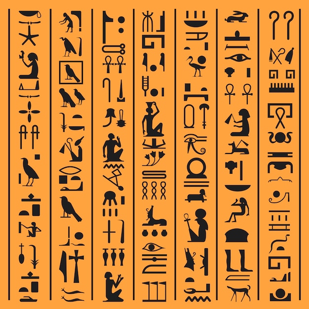 Hiéroglyphes égyptiens ou lettres de l'egypte ancienne fond de papyrus. hiéroglyphe égyptien vieux vecteur écrivant des symboles et des icônes de dieux, animaux et oiseaux ou décoration de conception de manuscrit pharao Vecteur Premium