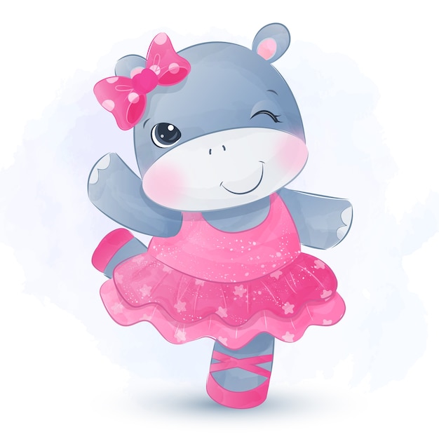 Hippo Bebe Fille Portant Une Robe De Ballerine Et Dansant Joyeusement Vecteur Premium