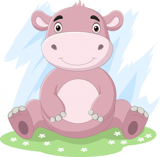 Hippo Bebe Mignon Dessin Anime Assis Dans L Herbe Vecteur Premium