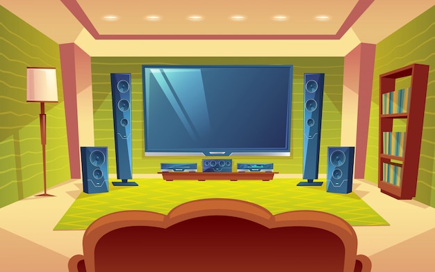Home cinéma, système audio-visuel avec télécommande à l'intérieur du hall. Vecteur gratuit Home cinéma, système audio-visuel avec télécommande à l'intérieur du hall. Vecteur gratuit