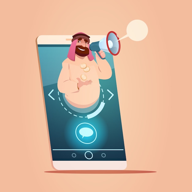 Homme D'affaires Arabe Avec Mégaphone Conversation Chat Message Bulle Cellulaire Réseau De Téléphonie Intelligent Communicati Vecteur Premium