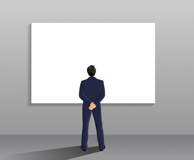 Homme d'affaires en costume pleine longueur vue arrière en face de tableau blanc illustration vectorielle Vecteur gratuit