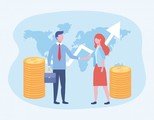Homme d'affaires et femme d'affaires avec pièces de monnaie et flèche avec valise Vecteur gratuit