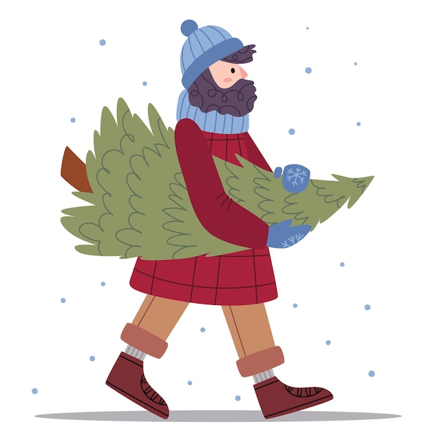 Un Homme Barbu En Vetements D Hiver Porte Un Arbre De Noel Mode D Hiver Humeur Chaleureuse Illustration Pour Livre Pour Enfants Affiche Mignonne Illustration Simple Style Scandinave Minimalisme La Nature Vecteur Premium